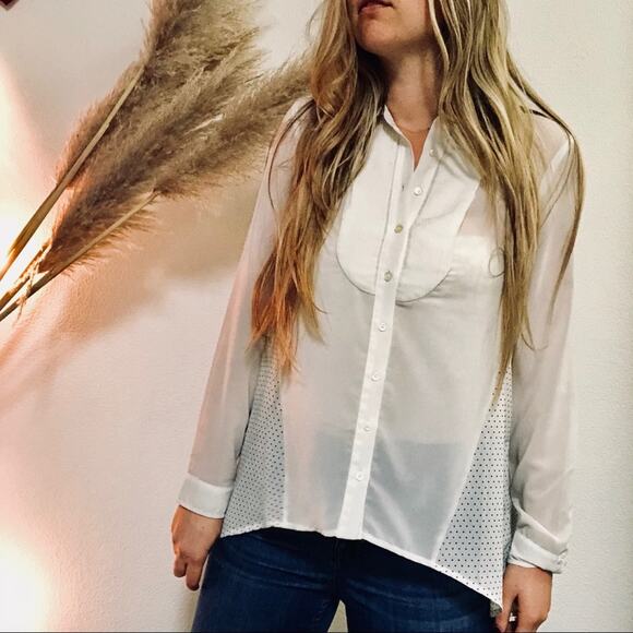 ANTHROPOLOGIE MAEVE White Black Polka Dot Long Sleeve Pleated Blouse Shirt Top 4 - Picture 1 of 7